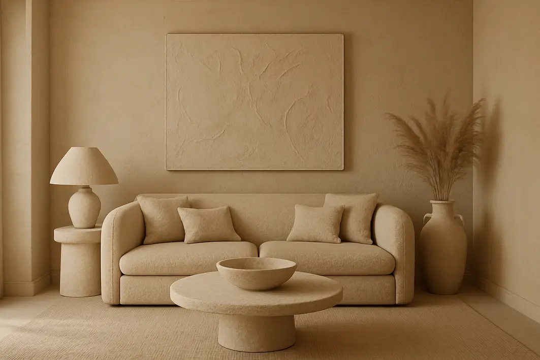 cozinha monocromatica bege Cozinha monocromática em tons de bege com bancada texturizada de madeira fosca e armários acetinados