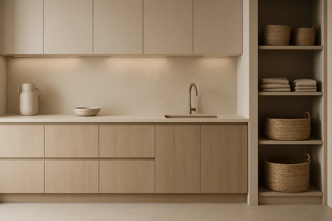 cozinha monocromatica textura profundidade Cozinha moderna monocromática em tons bege cinza claro com armários de madeira texturizada e bancada acetinada