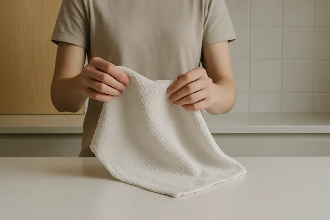 cozinha monocromatica texturas detalhes Mãos segurando pano de prato texturizado branco sobre bancada monocromática branca com superfícies de cozinha variadas ao fundo