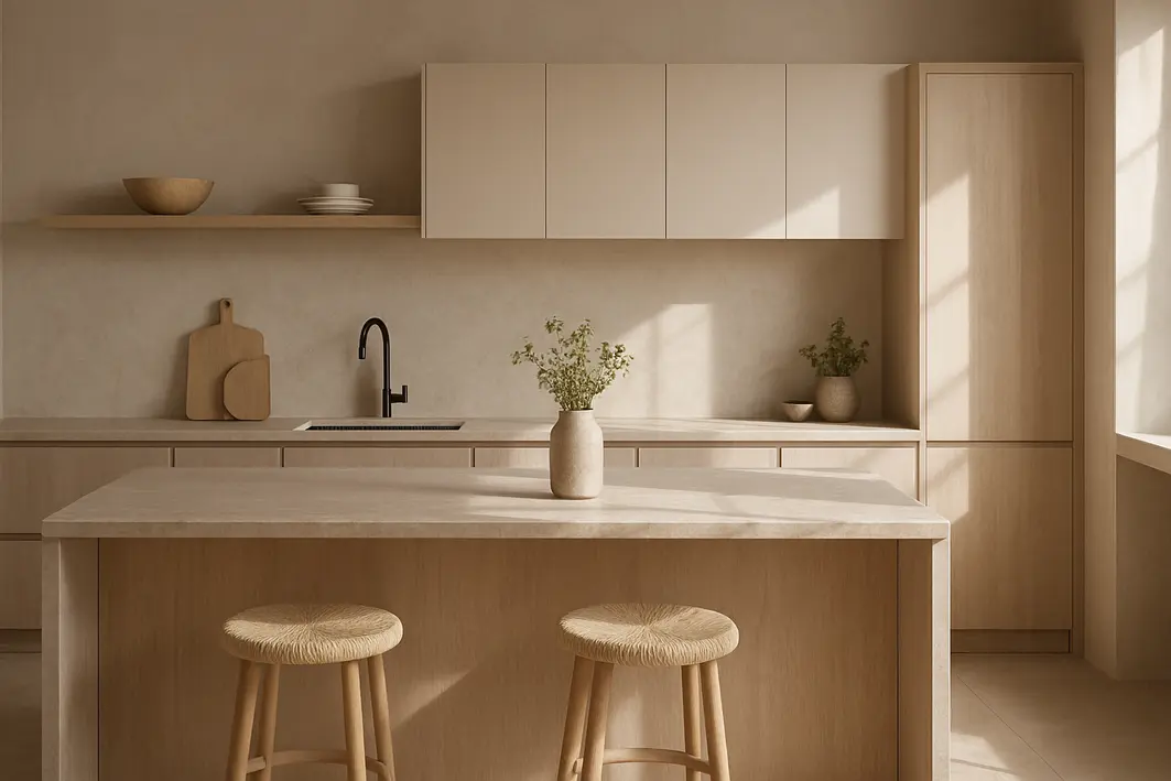 cozinha monocromatica texturas naturais Cozinha monocromática ampla em tom neutro com móveis e superfícies de madeira, pedra e tecidos, iluminada naturalmente