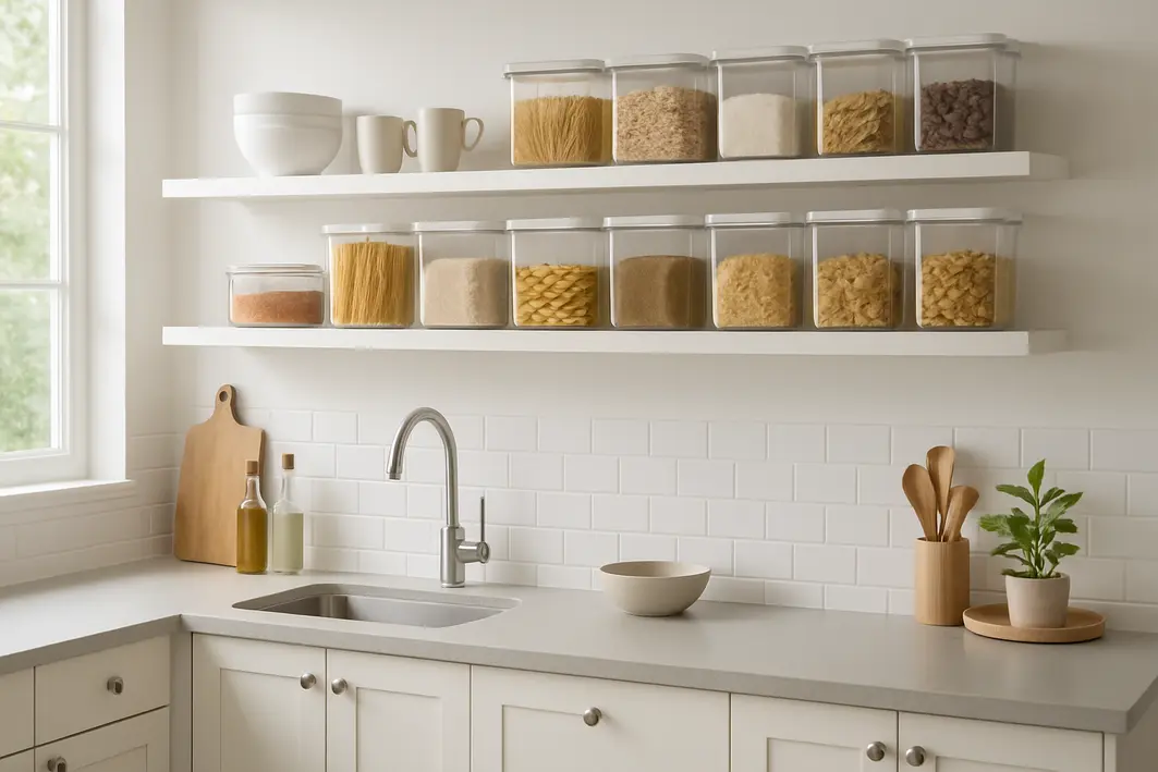 cozinha organizacao potes quadrados Prateleiras abertas de cozinha moderna com potes quadrados transparentes organizados contendo alimentos variados