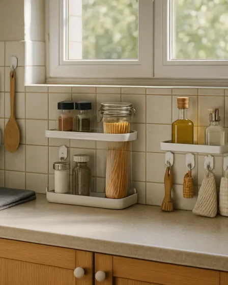 cozinha organizada ganchos prateleiras adesivas 1 Bancada e portas de armário de cozinha organizadas com ganchos adesivos e pequenas prateleiras contendo utensílios e temperos