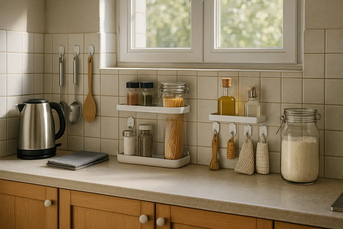 cozinha organizada ganchos prateleiras adesivas 1 Bancada e portas de armário de cozinha organizadas com ganchos adesivos e pequenas prateleiras contendo utensílios e temperos
