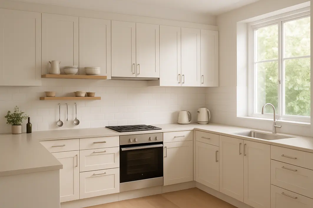 cozinha organizada ganchos prateleiras adesivas Cozinha residencial ampla com bancadas organizadas, armarios alinhados, prateleiras adesivas e ganchos para utensilios