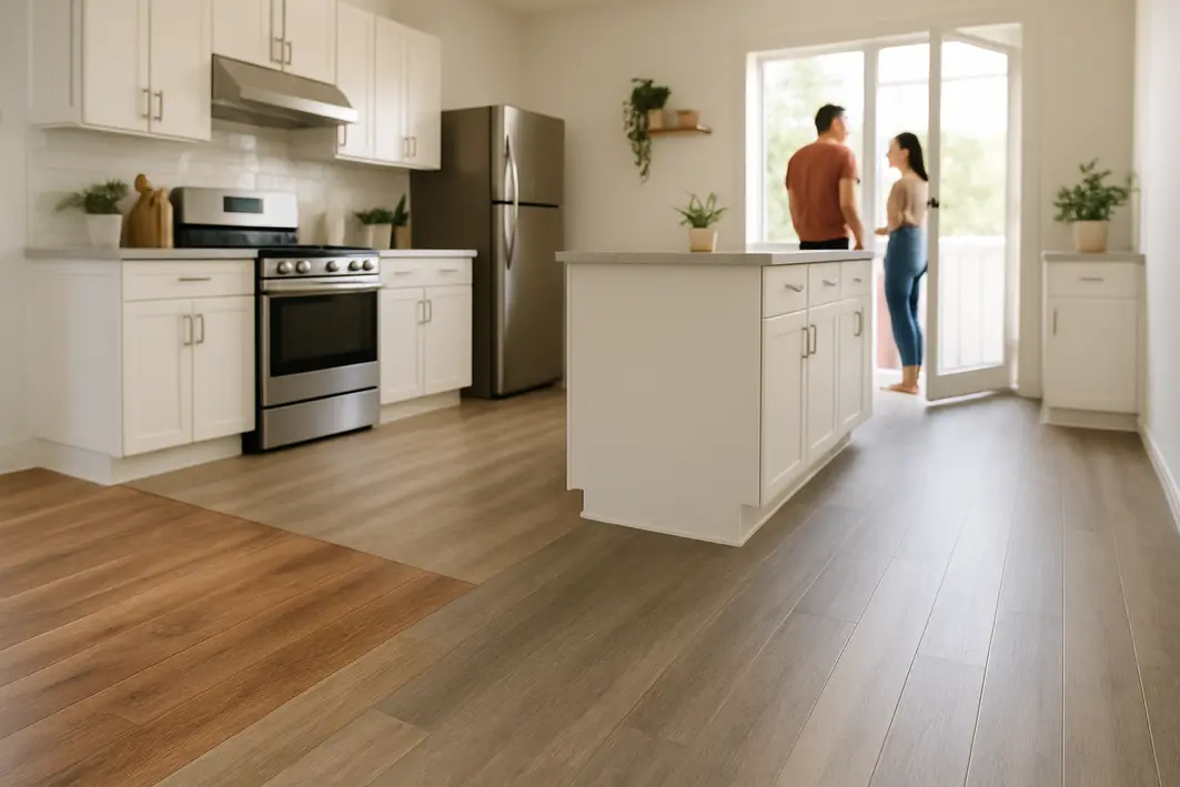 cozinha piso amadeirado laminado vinilico Cozinha moderna ampla com piso amadeirado de laminado e vinílico, iluminada por luz natural