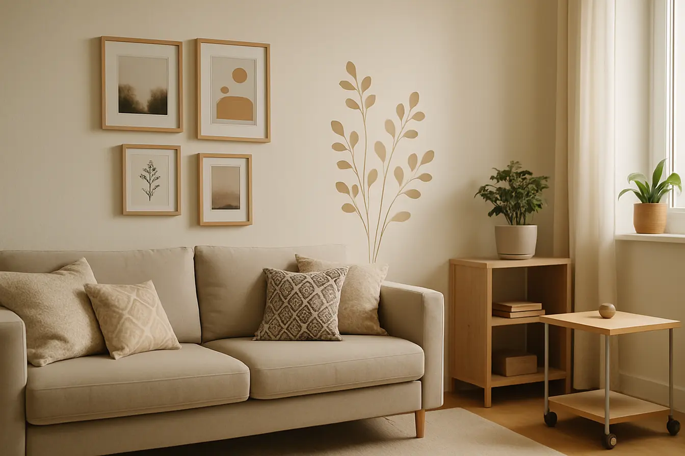 decoracao apartamento alugado adesivos 3 Sala de apartamento alugado com adesivos de parede foscos e quadros fixados com fita dupla face ao lado de sofá neutro com almofadas