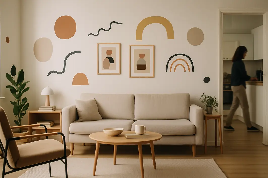 decoracao apartamento alugado adesivos 4 Sala ampla de apartamento alugado com paredes decoradas por adesivos removíveis foscos e móveis de design contemporâneo