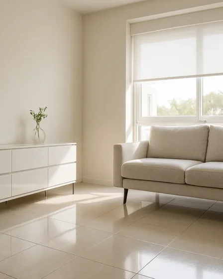 decoracao casa saude poeira acaros Interior moderno e limpo com pisos porcelanato, móveis lacados fechados, persianas e iluminação natural