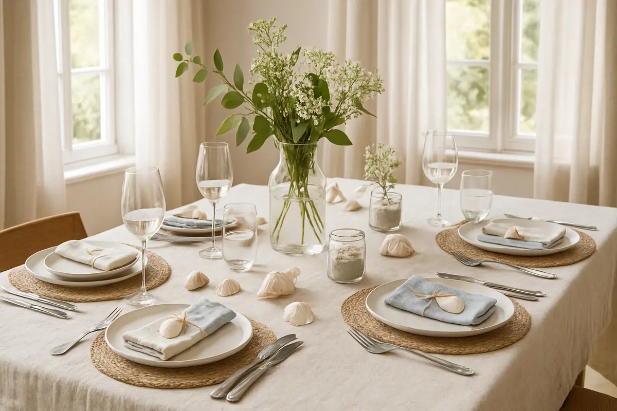 decoracao mesa jantar linho verao mar Mesa de jantar de verão com toalha e guardanapos de linho em tons neutros, pratos de cerâmica clara, jogo americano de fibra natural, vasos transparentes com folhagens e elementos náuticos decorativos