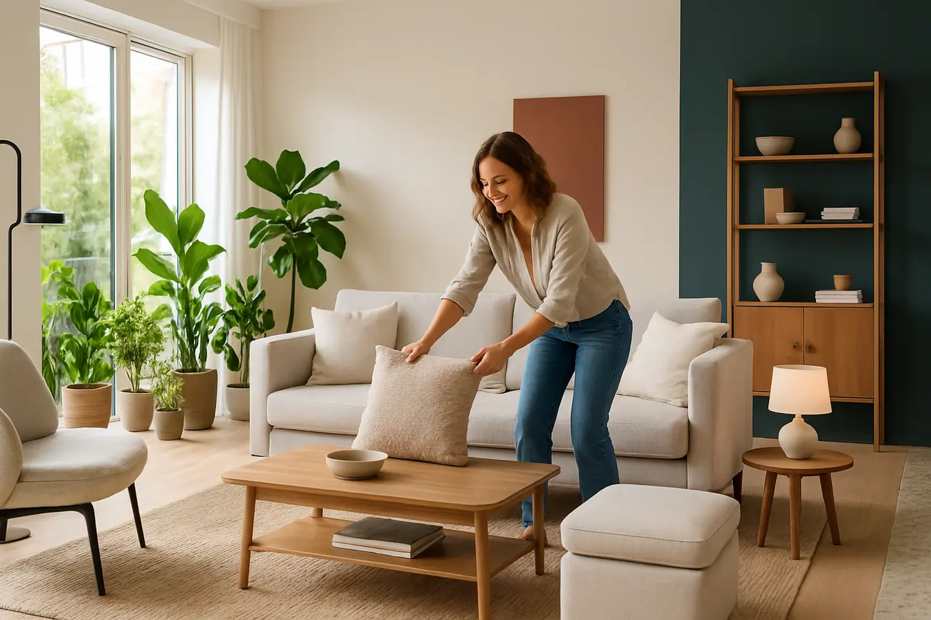 decoracao moderna sala estar luminosa Sala de estar moderna com decoração contemporânea, sofás minimalistas, plantas verdes em vasos variados e designer de interiores ajustando almofada