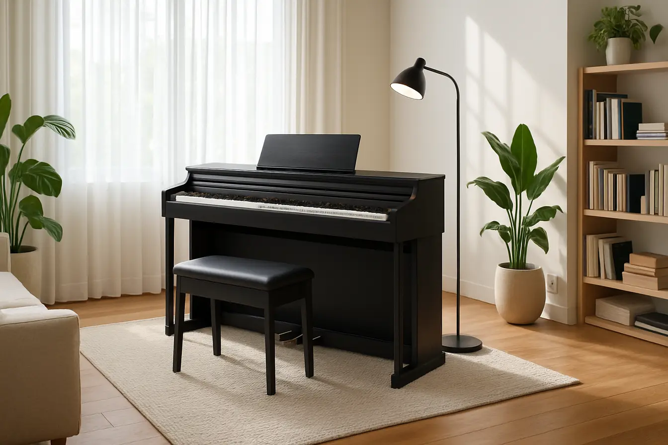 decoracao sala piano digital conforto Sala de estar iluminada com piano digital preto e acessórios em madeira natural