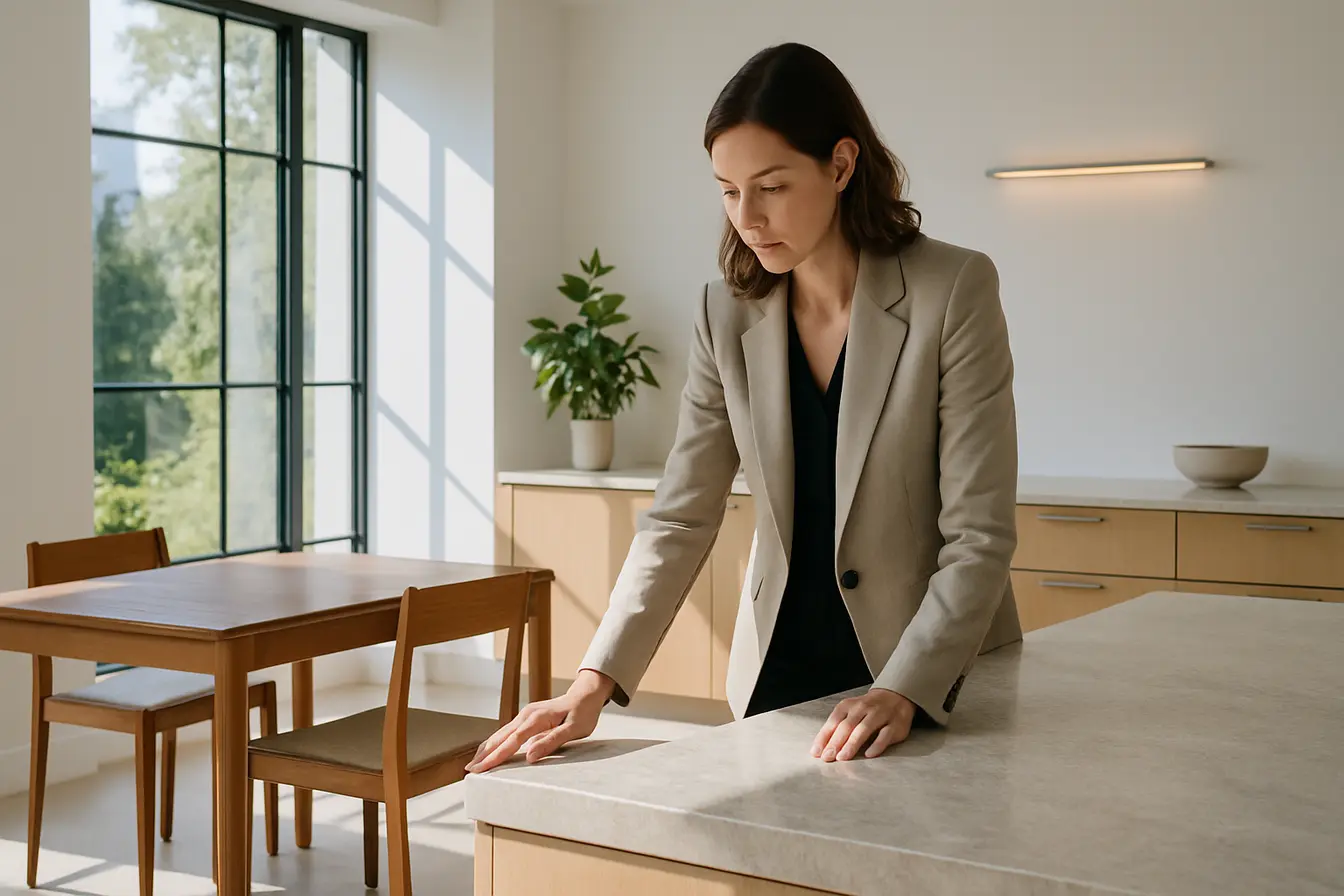 decoracao sofisticada minimalismo Decoradora profissional examinando bancada de pedra natural polida em interior residencial minimalista e sofisticado