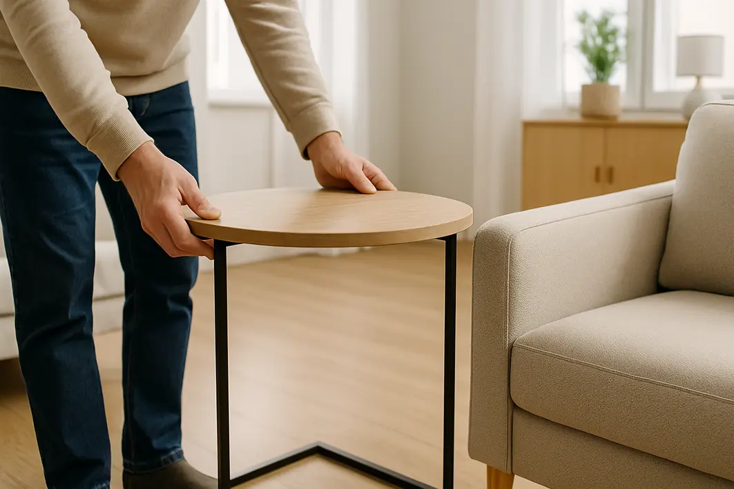 disposicao moveis circulacao ergonomia casa Mãos ajustando a posição de uma mesa ao lado de uma poltrona em sala clara com espaço livre para circulação