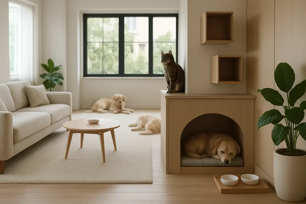 espaco pet decoracao cantinho pet Ambiente interno residencial com sala integrada a cantinho pet com cama embutida e nichos elevados para gatos