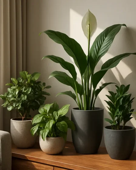 feng shui plantas energia sala estar Canto de sala moderno com plantas Feng Shui Jade Jiboia Zamioculca Lirio da paz e Bambu da sorte junto a janela grande
