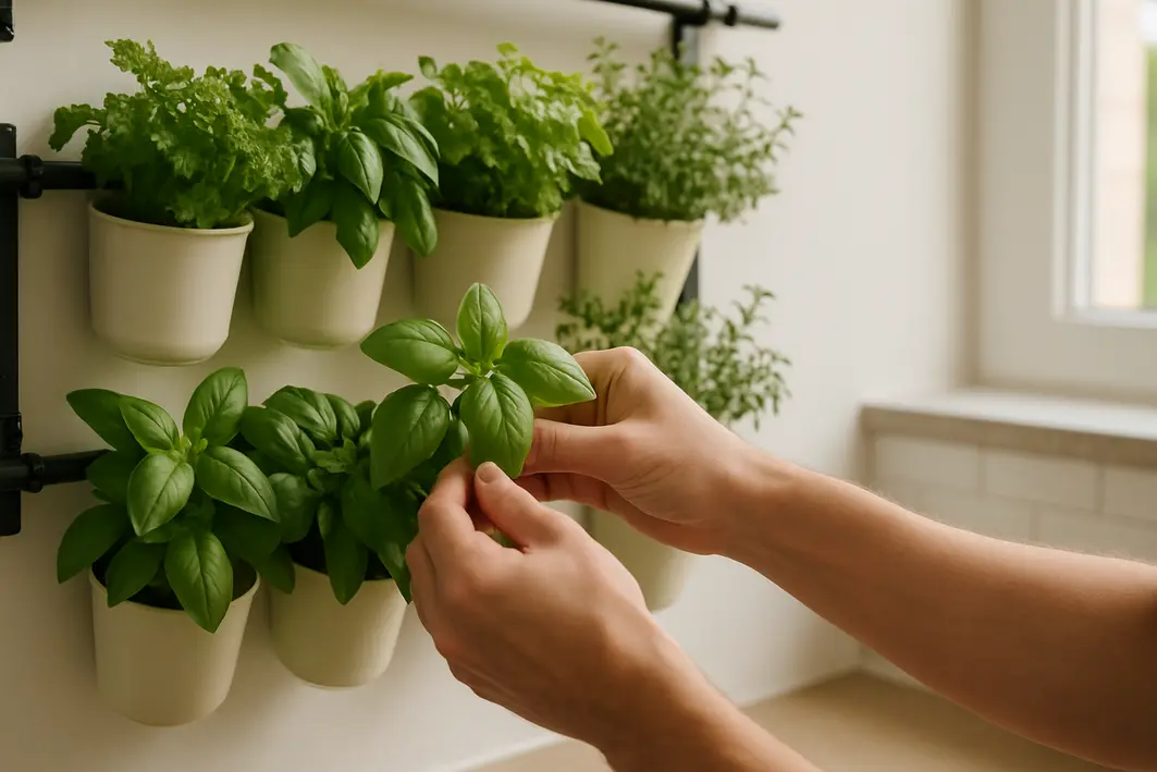 horta vertical cozinha colheita ervas Mãos colhendo folhas de ervas frescas em horta vertical na parede da cozinha com vasos pequenos organizados