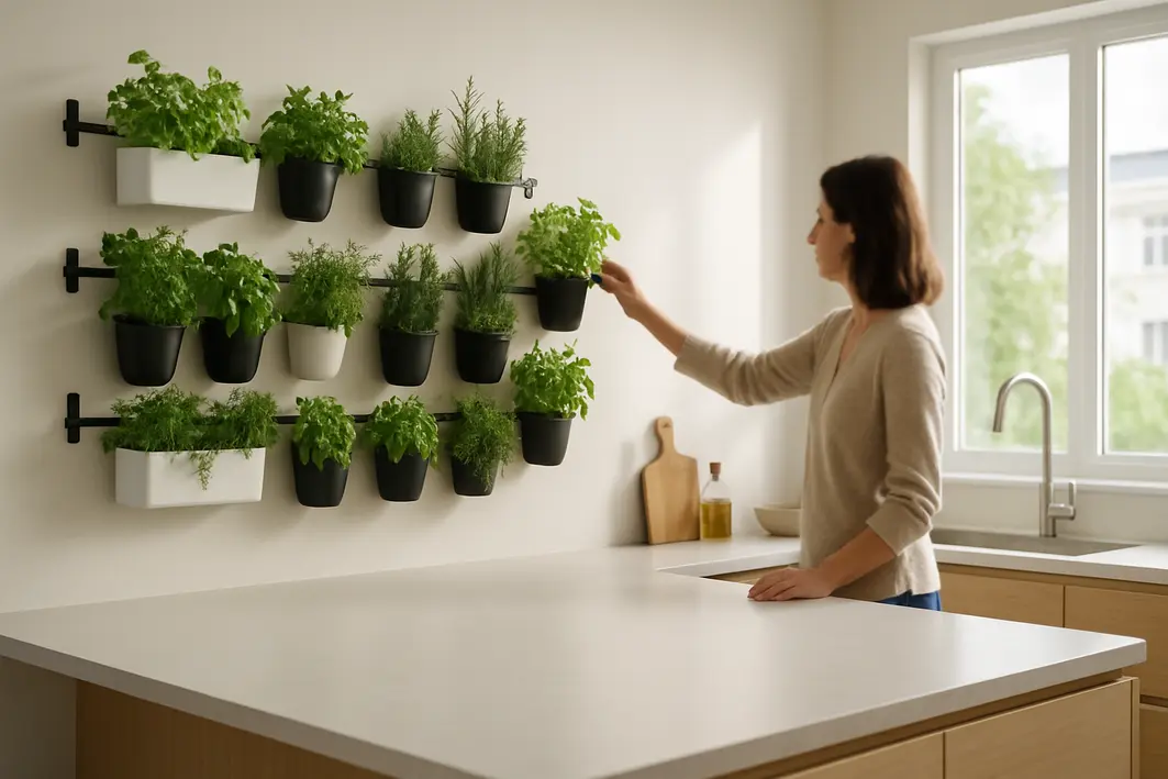 horta vertical cozinha irrigacao Cozinha moderna com jardim vertical de ervas frescas e bancada espaçosa em ambiente iluminado