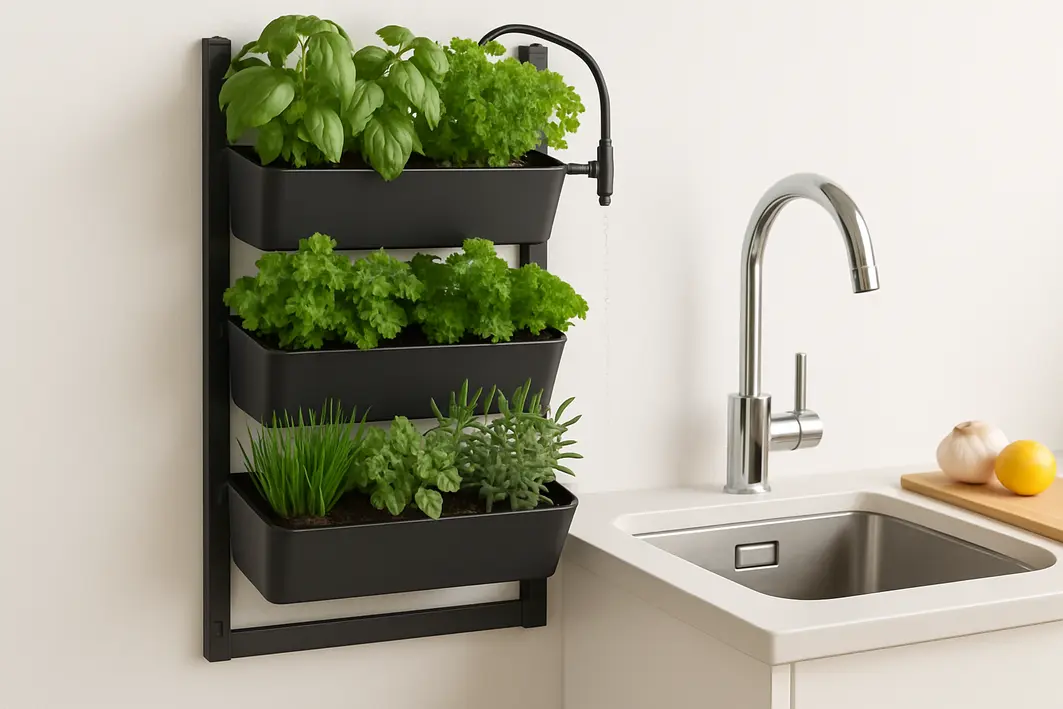 horta vertical cozinha manjericao colher Mãos colhendo folhas frescas de manjericão em horta vertical de ervas na parede da cozinha