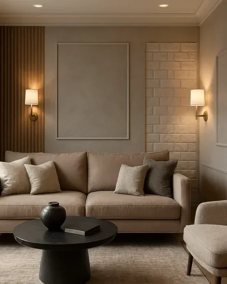 interior sala pintura acrilica paineis madeira por Sala sofisticada sem papel de parede com paredes pintadas em acrílico fosco e painéis de madeira ripada com detalhes em porcelanato 3D