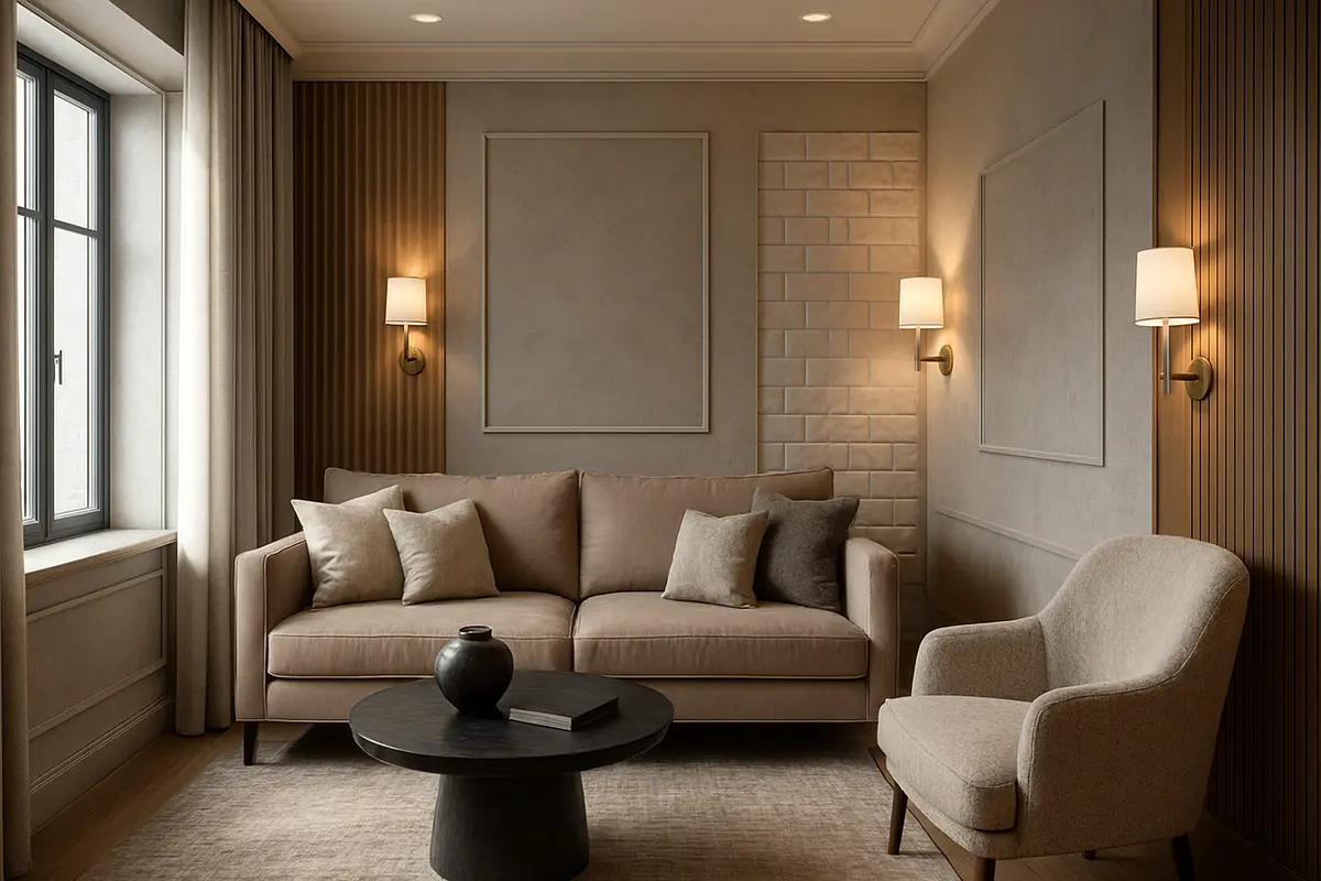 interior sala pintura acrilica paineis madeira por Sala sofisticada sem papel de parede com paredes pintadas em acrílico fosco e painéis de madeira ripada com detalhes em porcelanato 3D