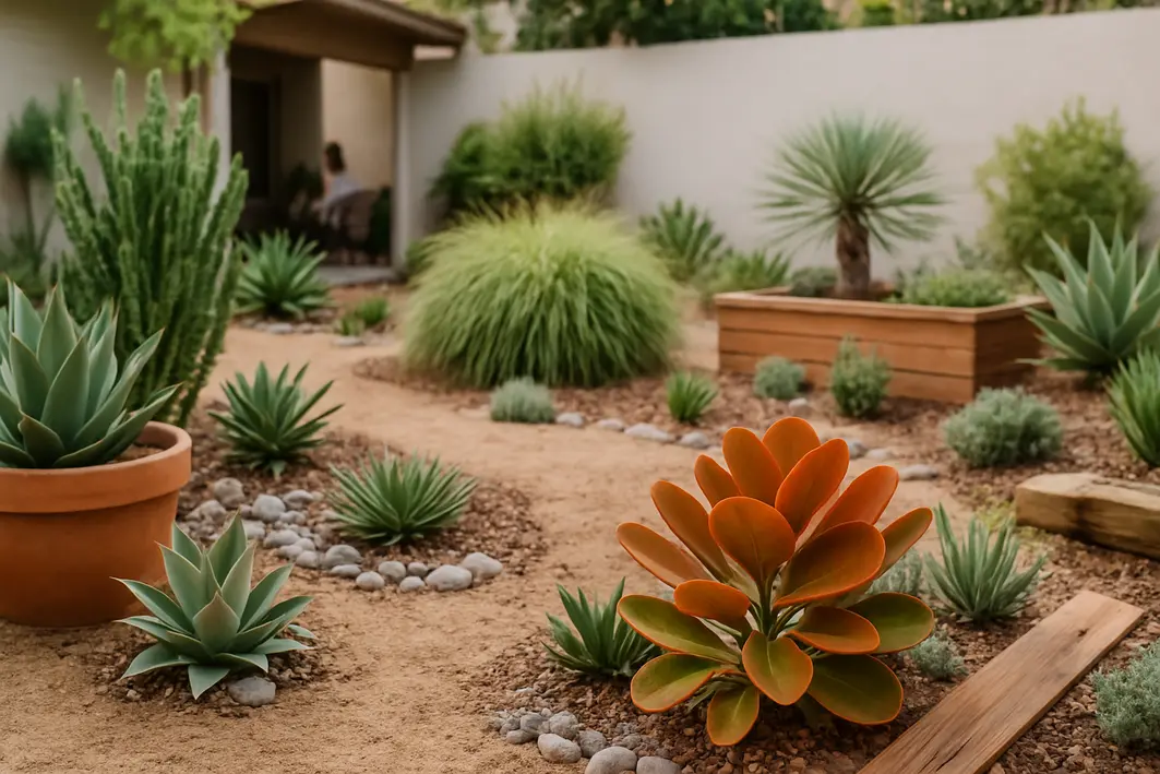 jardim baixa manutencao plantas resistentes seca Jardim residencial de baixa manutenção com plantas resistentes à seca em vasos e canteiros sobre solo seco com pedras decorativas e elementos de madeira