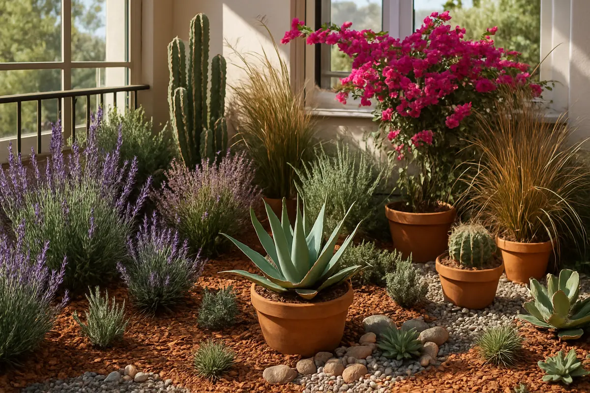 jardim baixa manutencao rega suculentas cactos Jardim de baixa manutenção em varanda com suculentas, cactos, agave, lavandas e bougainvillea em vasos de terracota com solo drenado e pedras decorativas