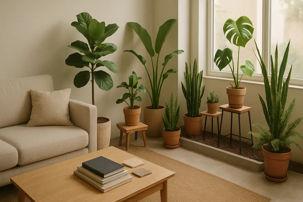 jardim de inverno casa pequena Sala pequena organizada com canto de jardim de inverno funcional contendo vasos simples, plantas variadas, mesa lateral com cadernos e janela grande