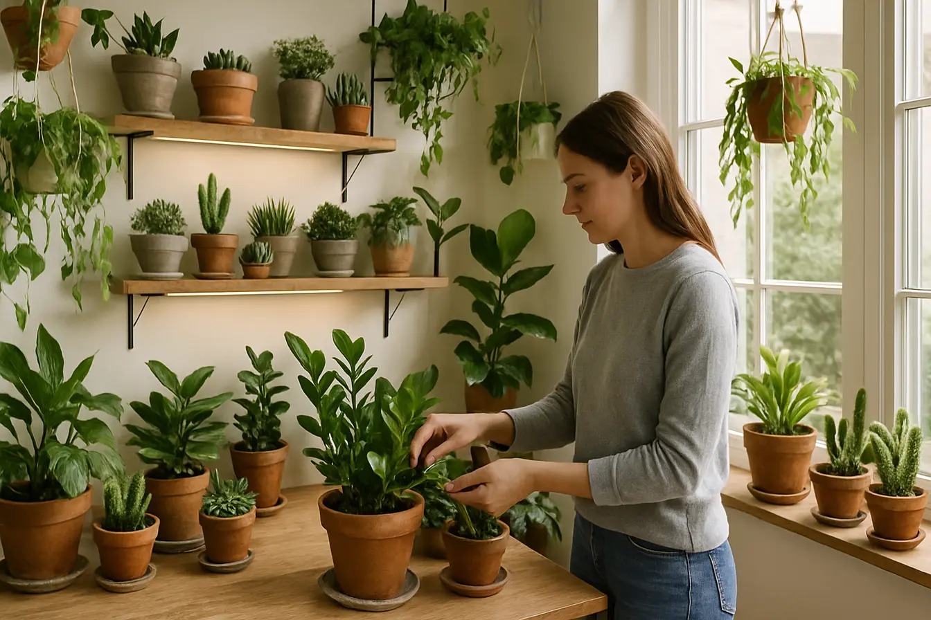 jardim inverno casa pequena plantas economicas Mulher cuidando de variedades de plantas suculentas, cactos, zamioculca e peperomia em jardim de inverno pequeno com prateleiras de madeira e luz natural