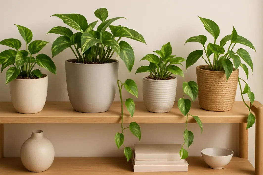 jiboia decoracao cascata prateleira Plantas jiboia com caules pendentes em vasos de cerâmica e fibra organizados elegantemente em prateleira ampla interna