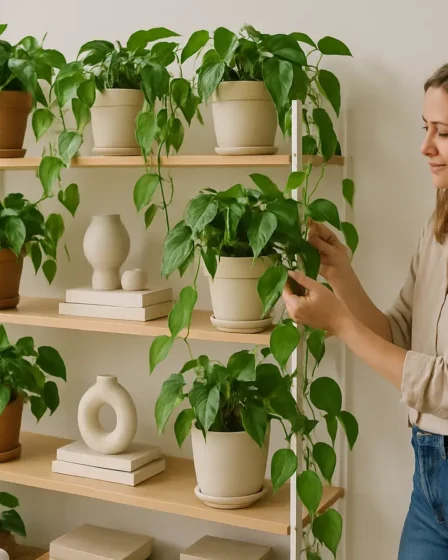 jiboia decoracao planta cascata Sala iluminada com prateleiras altas contendo vasos leves de ceramica e fibra com plantas jiboia pendentes e decoradora feminina ajustando os ramos