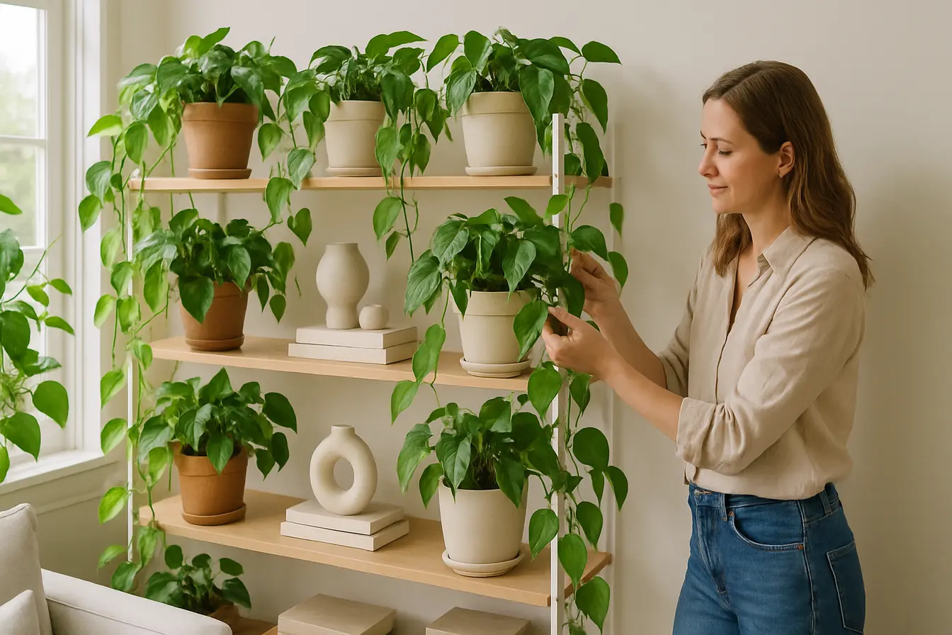 jiboia decoracao planta cascata Sala iluminada com prateleiras altas contendo vasos leves de ceramica e fibra com plantas jiboia pendentes e decoradora feminina ajustando os ramos