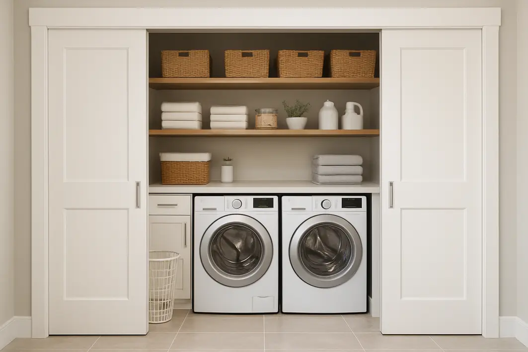 lavanderia organizada portas correr 1 Lavanderia moderna compacta com portas de correr de madeira clara semiabertas revelando máquina de lavar branca e prateleiras organizadas