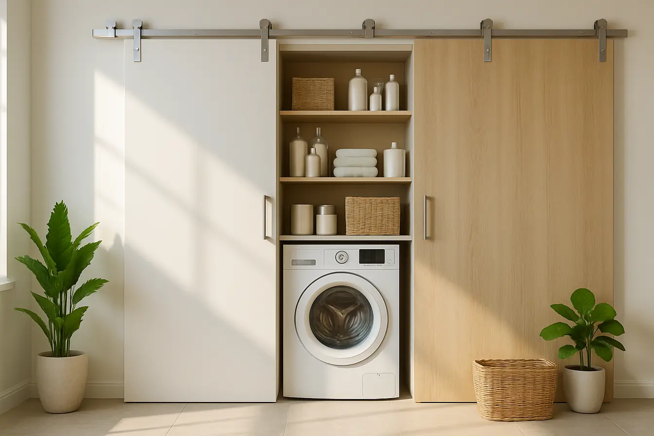 lavanderia organizada portas correr 2 Lavanderia organizada com portas de correr em acabamento fosco branco, internamente prateleiras com nichos e plantas verdes