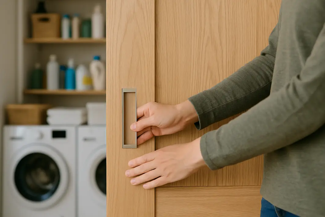 lavanderia organizada portas correr madeira clara Mãos deslizando porta de correr em madeira clara com textura destacada em lavanderia compacta organizada