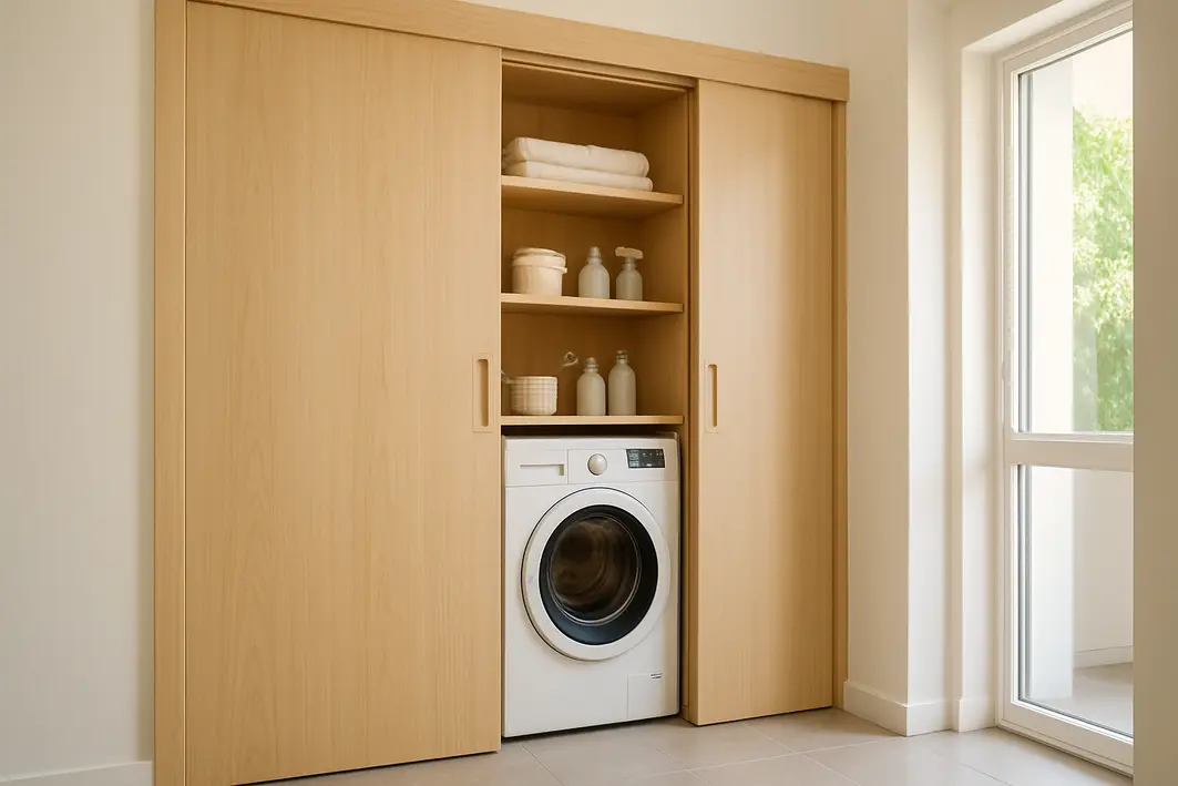 lavanderia organizada portas correr Lavanderia compacta com portas de correr em madeira clara parcialmente abertas mostrando máquina de lavar moderna e prateleiras organizadas