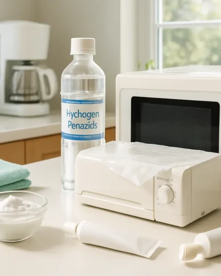 limpeza eletrodomesticos plastico amarelado Cozinha moderna iluminada pela manhã com eletrodomésticos brancos e painéis plásticos claros em processo de limpeza com água oxigenada e pasta de dente