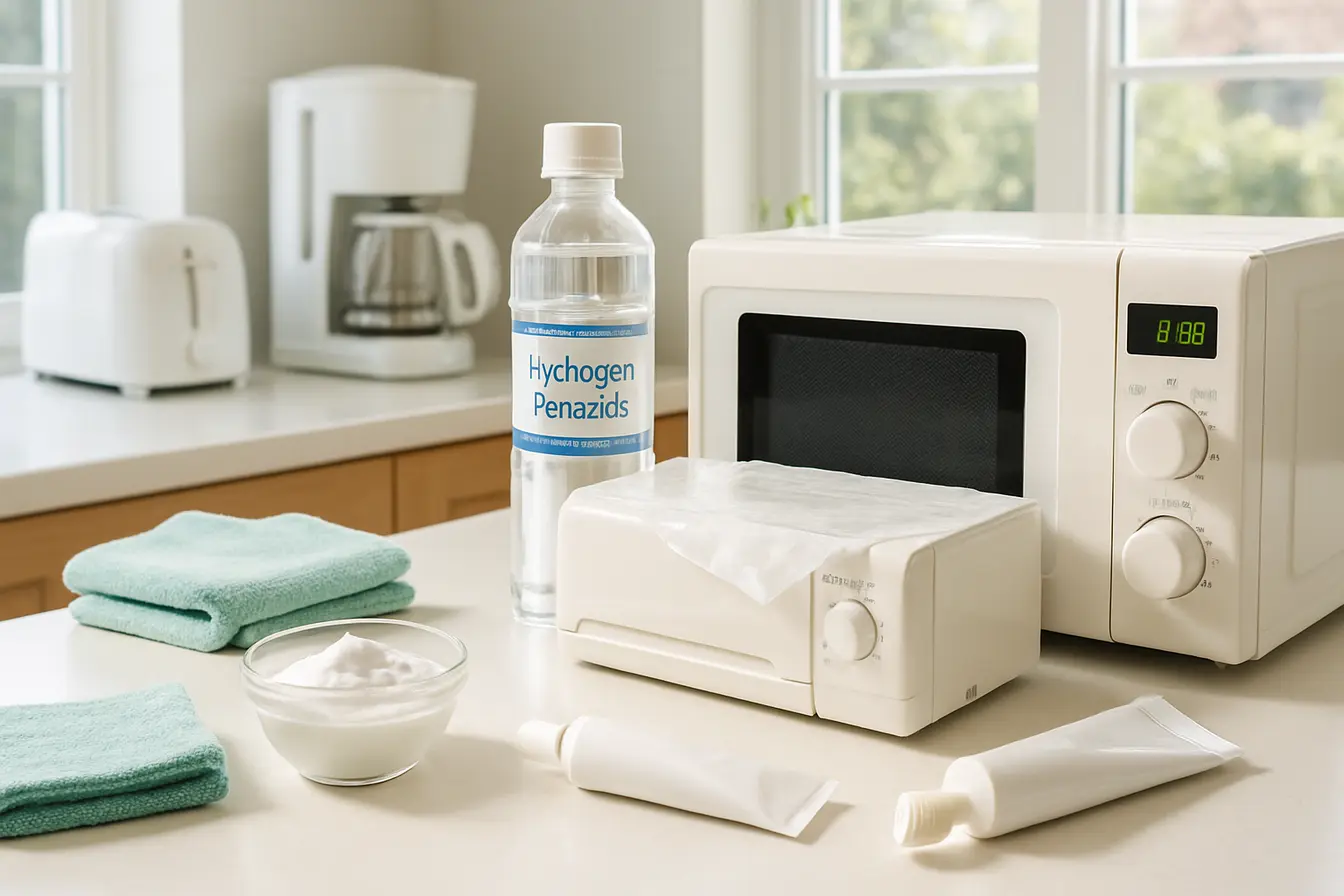 limpeza eletrodomesticos plastico amarelado Cozinha moderna iluminada pela manhã com eletrodomésticos brancos e painéis plásticos claros em processo de limpeza com água oxigenada e pasta de dente