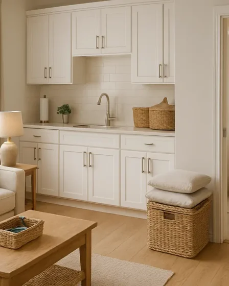 limpeza rapida casa cestos 1 Sala, cozinha e banheiro organizados com cestos de vime, almofadas empilhadas e superfícies limpas iluminadas por luz natural