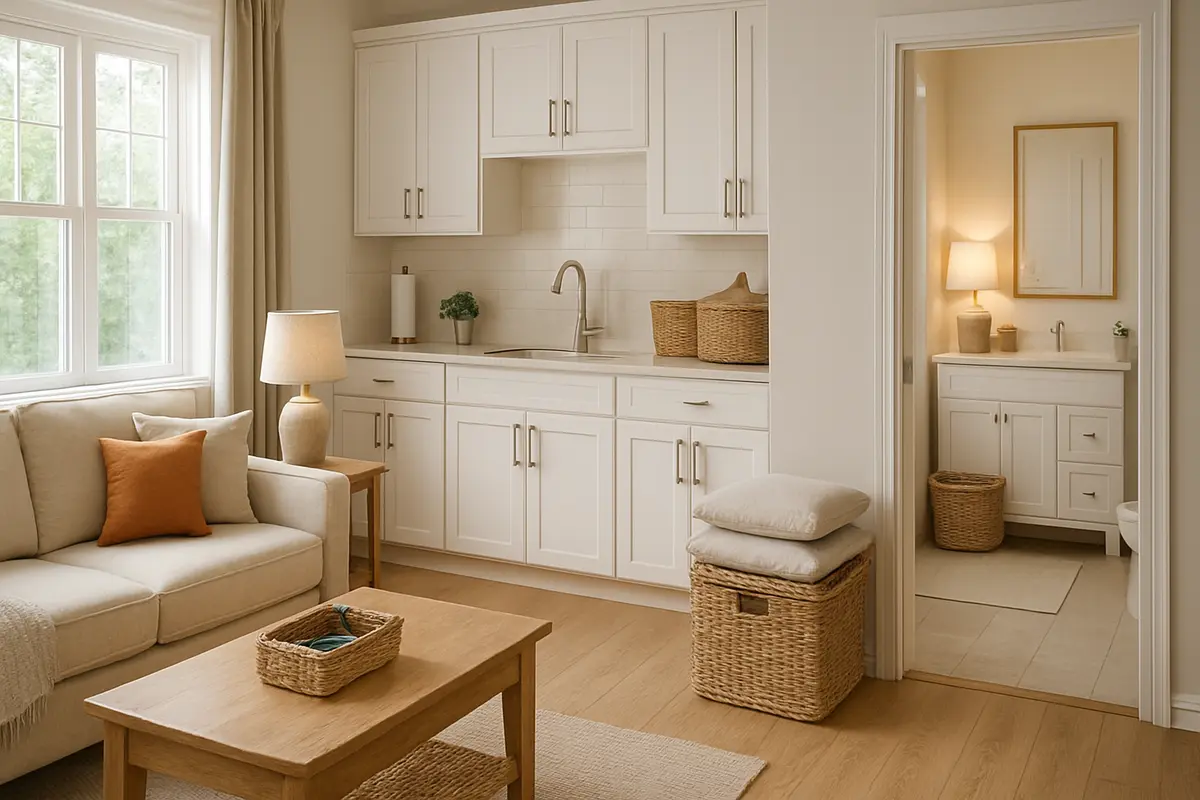 limpeza rapida casa cestos 1 Sala, cozinha e banheiro organizados com cestos de vime, almofadas empilhadas e superfícies limpas iluminadas por luz natural
