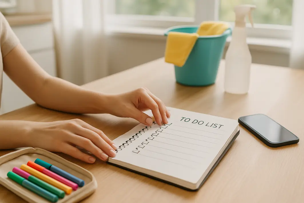 lista tarefas organizacao faxina verao Mãos femininas organizando caderno aberto com lista de tarefas junto a estojo com canetas coloridas e smartphone sobre mesa de madeira clara