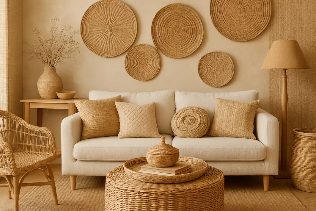 luminaria palha pendente ajuste manual Mãos ajustando luminária pendente de palha com fibras naturais entrelaçadas em ambiente interno contemporâneo