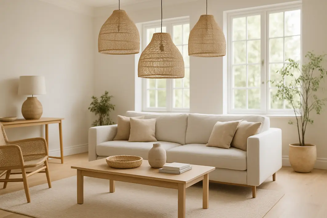 luminarias palha sala estar limpa Sala de estar ampla com luminárias de palha pendentes, móveis neutros e vegetação ao fundo