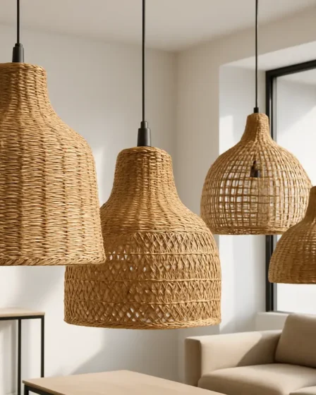 luminarias palha texturas naturais Luminárias pendentes de palha natural com texturas visíveis de rattan e vime em ambiente moderno e claro com detalhes em metal preto fosco