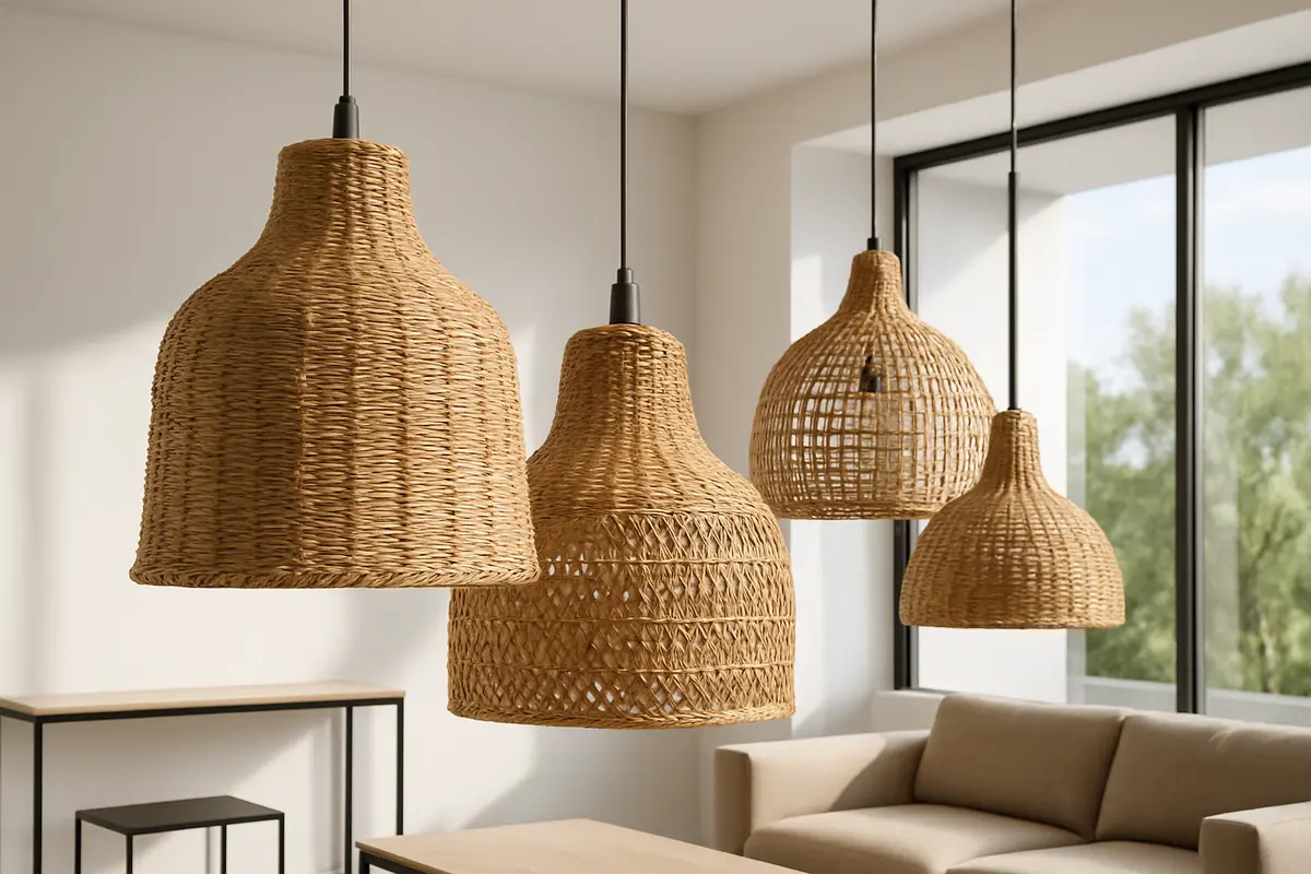 luminarias palha texturas naturais Luminárias pendentes de palha natural com texturas visíveis de rattan e vime em ambiente moderno e claro com detalhes em metal preto fosco