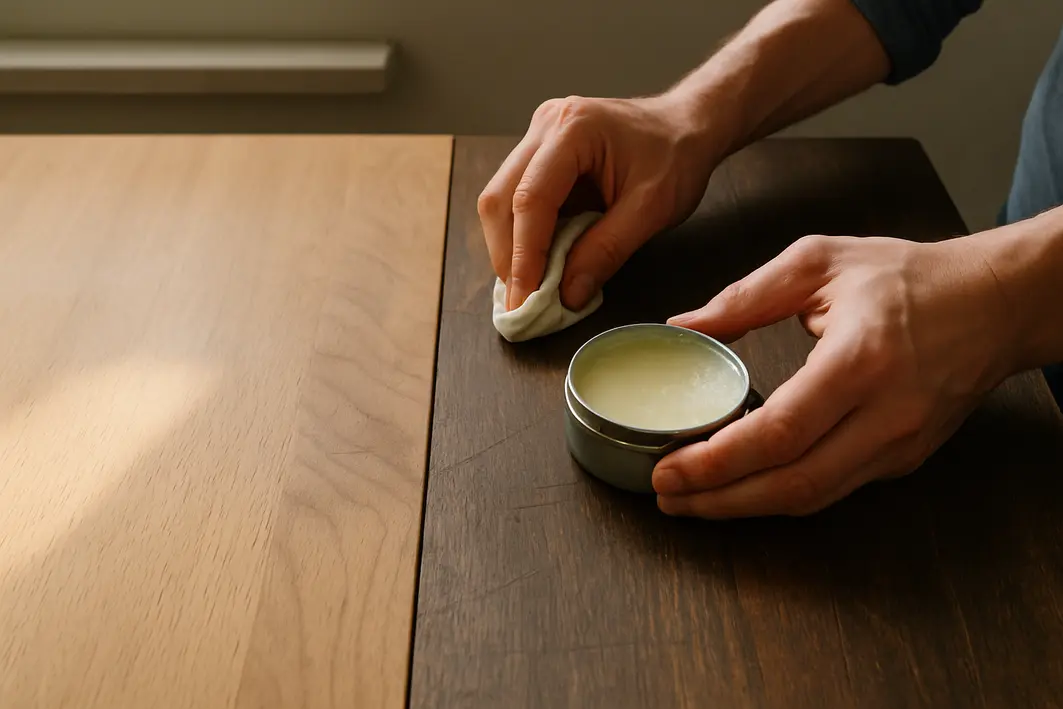 madeira clara escura desgaste manutencao moveis Mãos aplicando cera hidratante em madeira clara ao lado de madeira escura com arranhões visíveis