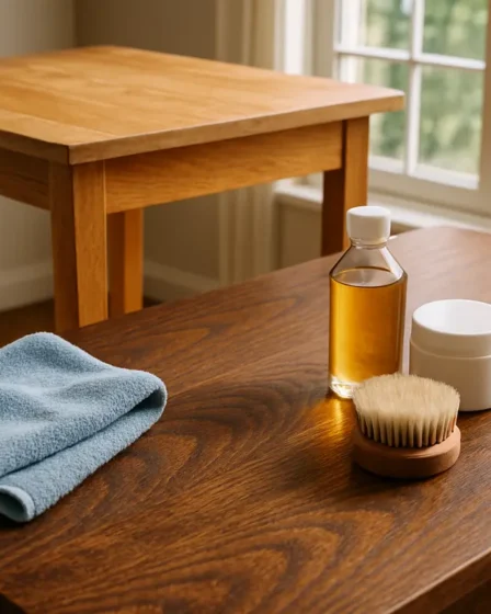 manutencao moveis tons madeira Móveis de madeira clara e escura em cena de manutenção com pano de microfibra e ferramentas de limpeza ao lado