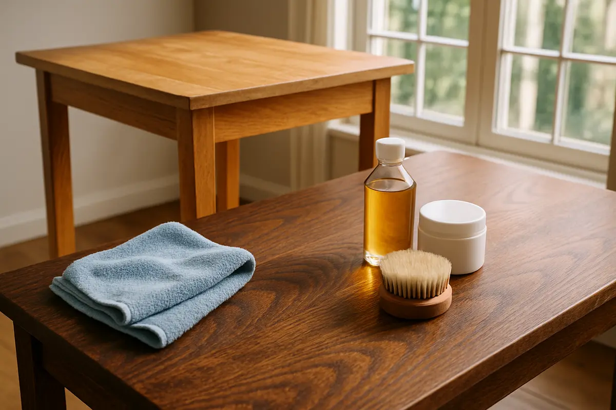 manutencao moveis tons madeira Móveis de madeira clara e escura em cena de manutenção com pano de microfibra e ferramentas de limpeza ao lado