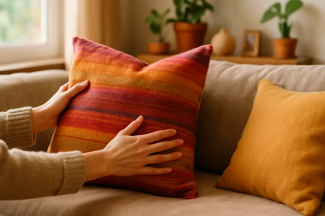 maos ajustando almofada colorida sala estar Mãos femininas ajustando almofada colorida vibrante em sofá de tecido macio na sala