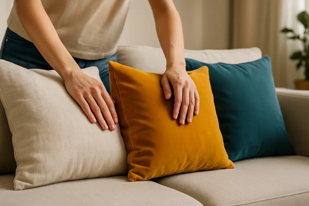 maos ajustando capas almofadas sala Mãos ajustando capas de almofadas de linho algodao e veludo em sofa moderno claro