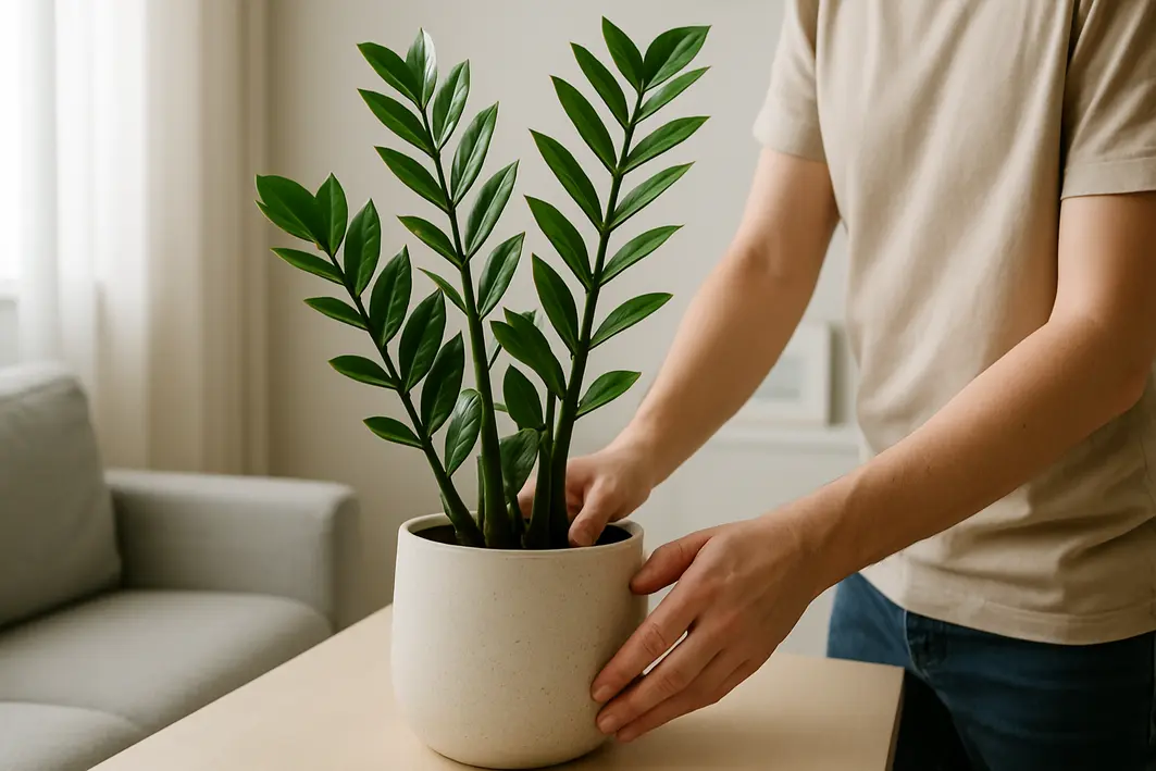 maos ajustando vaso zamioculca moderna Mãos ajustando vaso moderno com zamioculca de folhas verdes brilhantes em ambiente interno contemporâneo